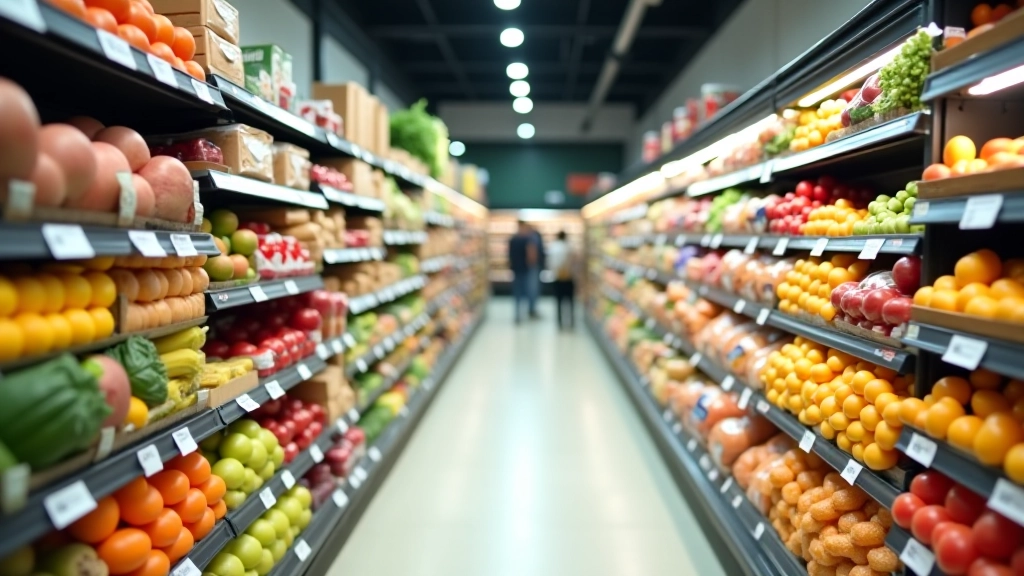 Rayon de supermarché avec produits alimentaires et étiquettes de prix, illustration de l'inflation alimentaire